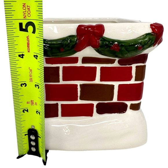 Holiday Flower Tree Vase Ceramic Red Brick Chimney Green Garland Red Bows 5" - Picture 6 of 7